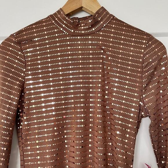NWT Iris Knit Sequin Long Sleeve Mock Neck Bodysuit Mocha Heat Womens Size Large - Picture 4 of 11